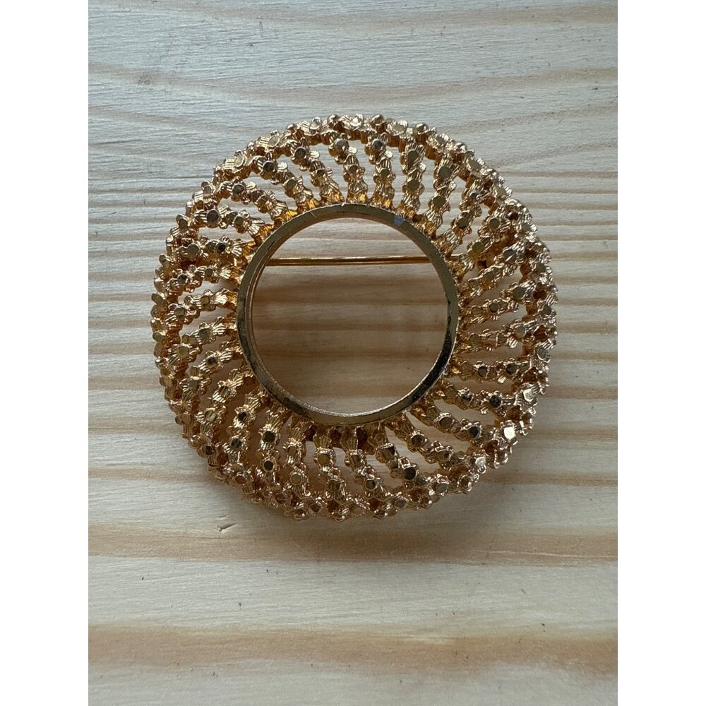Vintage BSK Gold Tone Circular Brooch Pin Intricate Textured Design